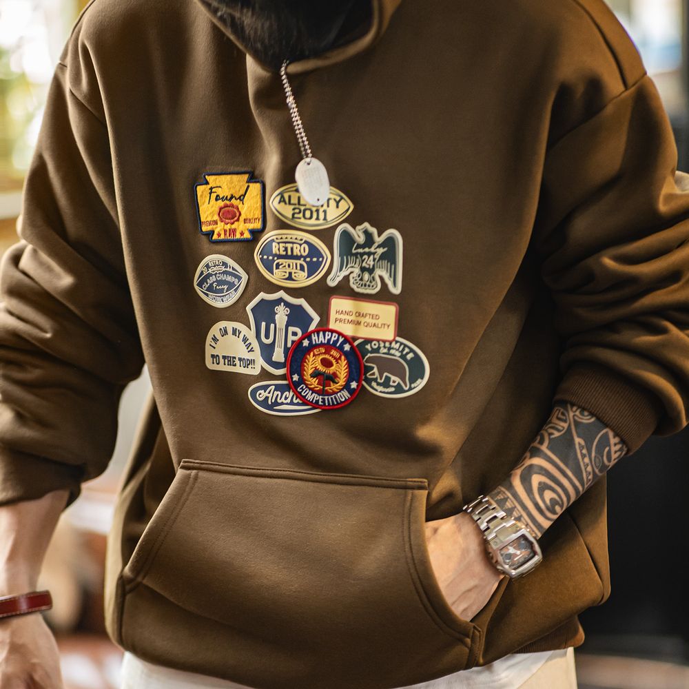 Sherpa Hoodie Fleece - Maden Vintage heren geborduurde badge hoodie